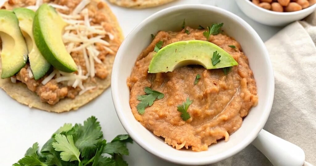 Creamy homemade Easy Refried Beans served in a bowl with fresh cilantro and crumbled cheese.