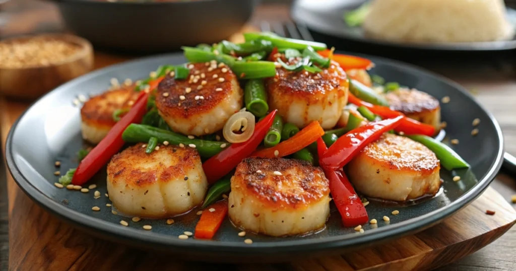 Delicious Fishcakes and Scallops Stir-Fry with vegetables in a wok