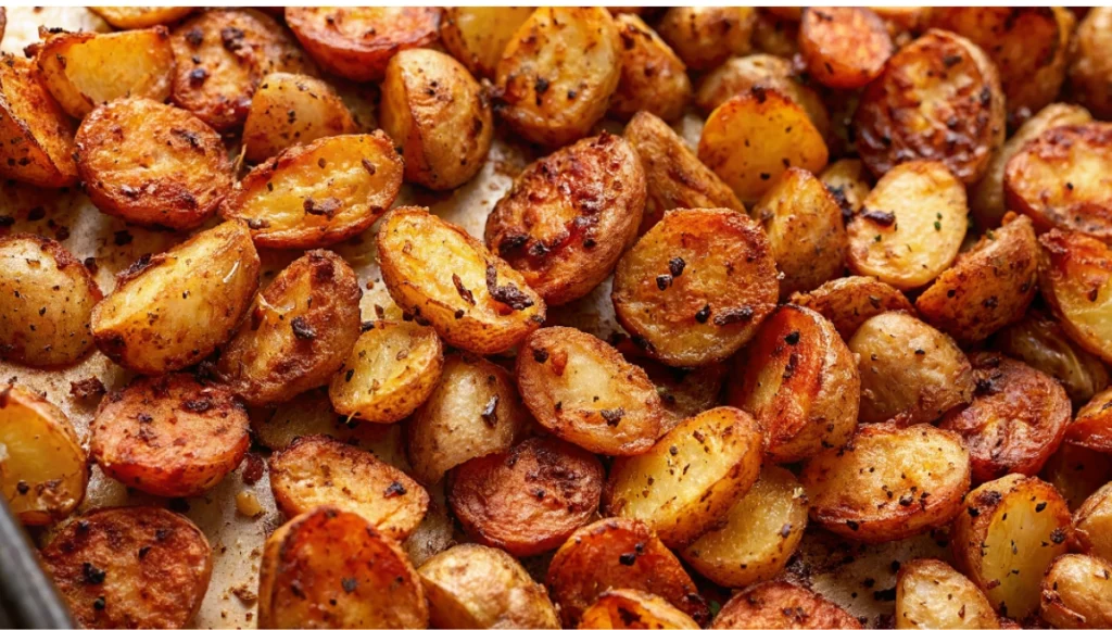 Crispy spicy roasted potatoes on a baking tray, golden brown with seasoning and garnished with fresh herbs."