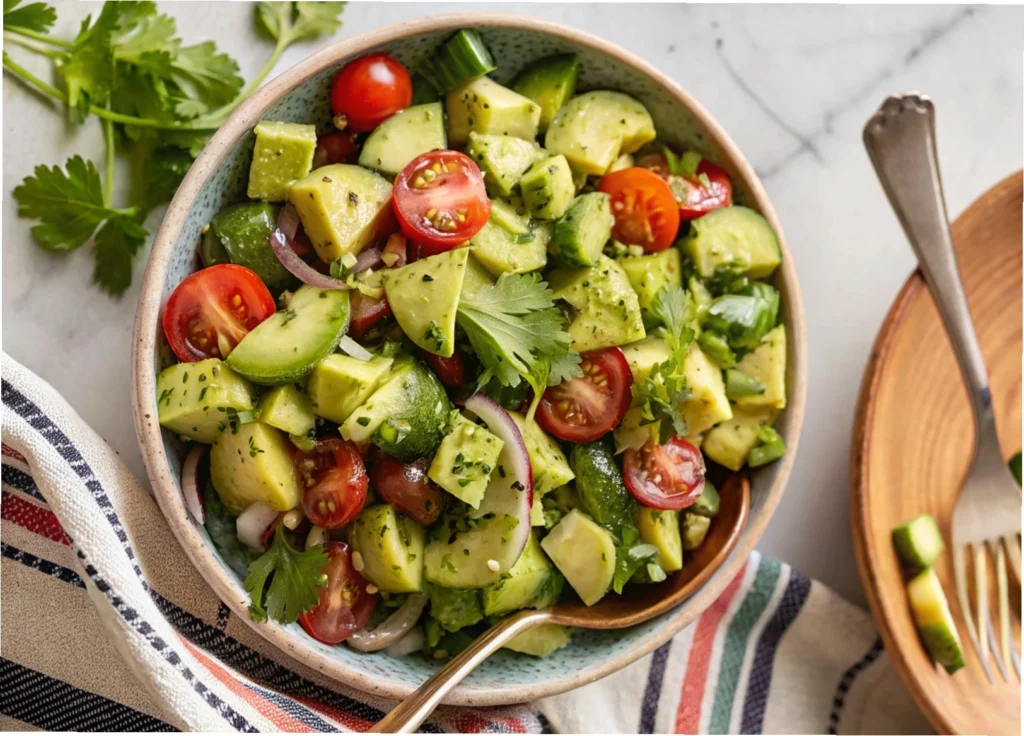 Fresh and creamy avocado salad with cherry tomatoes, red onion, and lime dressing, served in a bowl.
