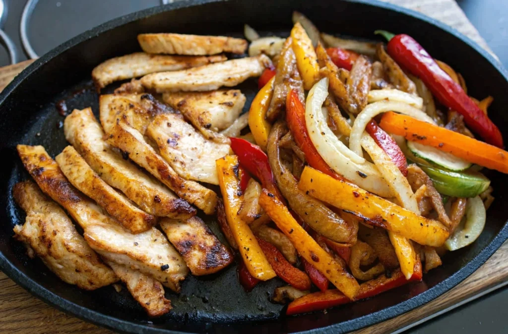 Juicy chicken fajitas with bell peppers and onions in a sizzling skillet.
