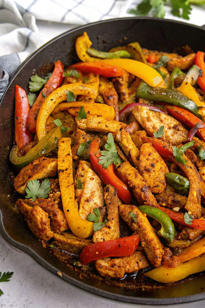 Cooked chicken fajitas with colorful bell peppers in a skillet, seasoned with homemade marinade