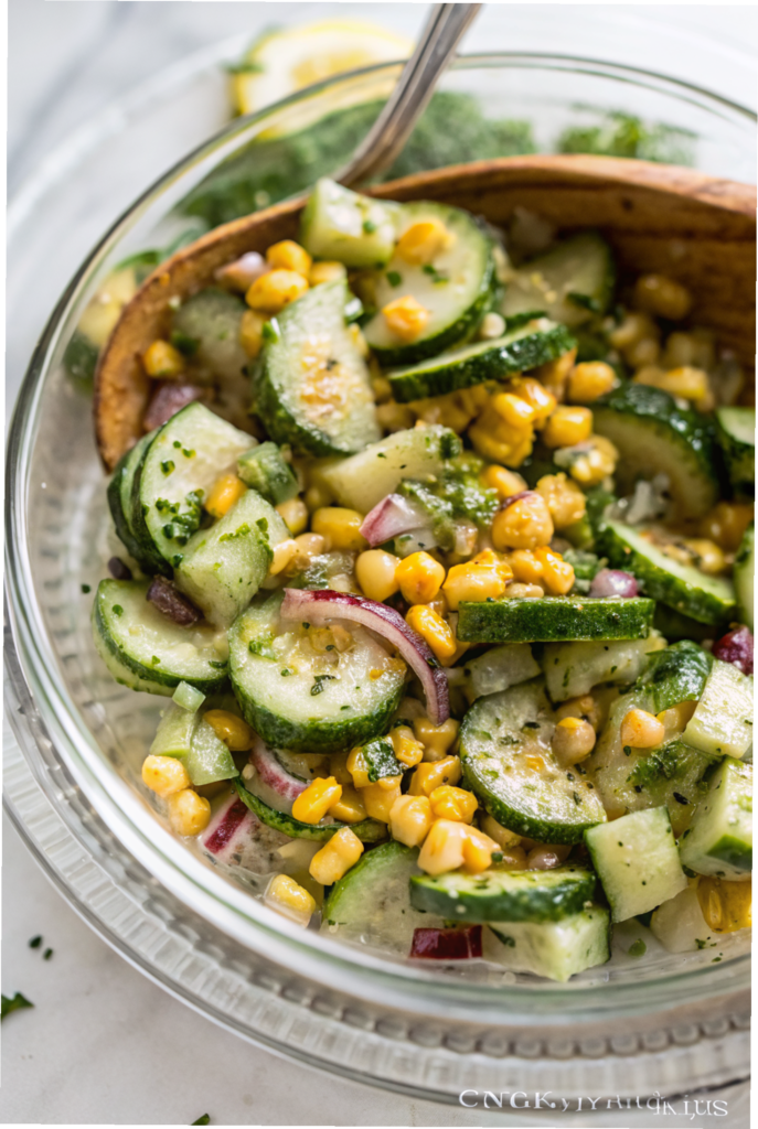 Bowl of Mexican cucumber salad with sweet corn, lime, and chili, served fresh with cilantro and red onion